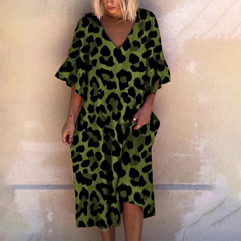 V-Ausschnitt Leopardenmuster Lockeres Kleid
